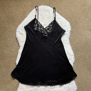 Vintage Heart to Heart Black Nylon Horsebit Strap Detailed Slip Dress with Lace